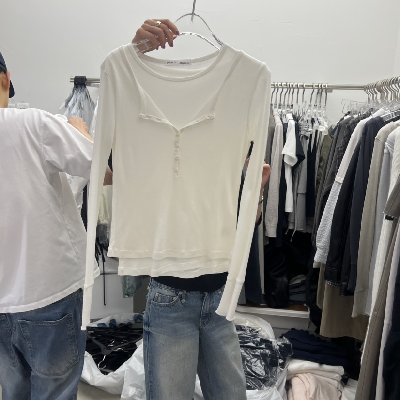 PADO韓國代購女士新品時尚職業26春夏長袖T恤假兩件雙排扣PADO長袖T恤圖色1