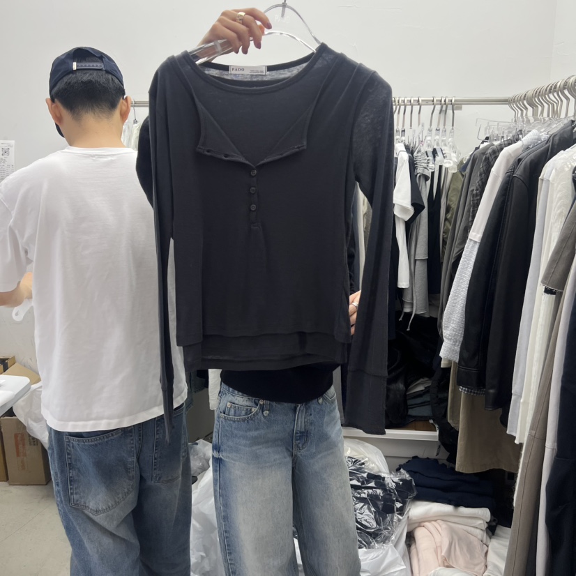 PADO韓國代購女士新品時尚職業26春夏長袖T恤假兩件雙排扣PADO長袖T恤圖色4