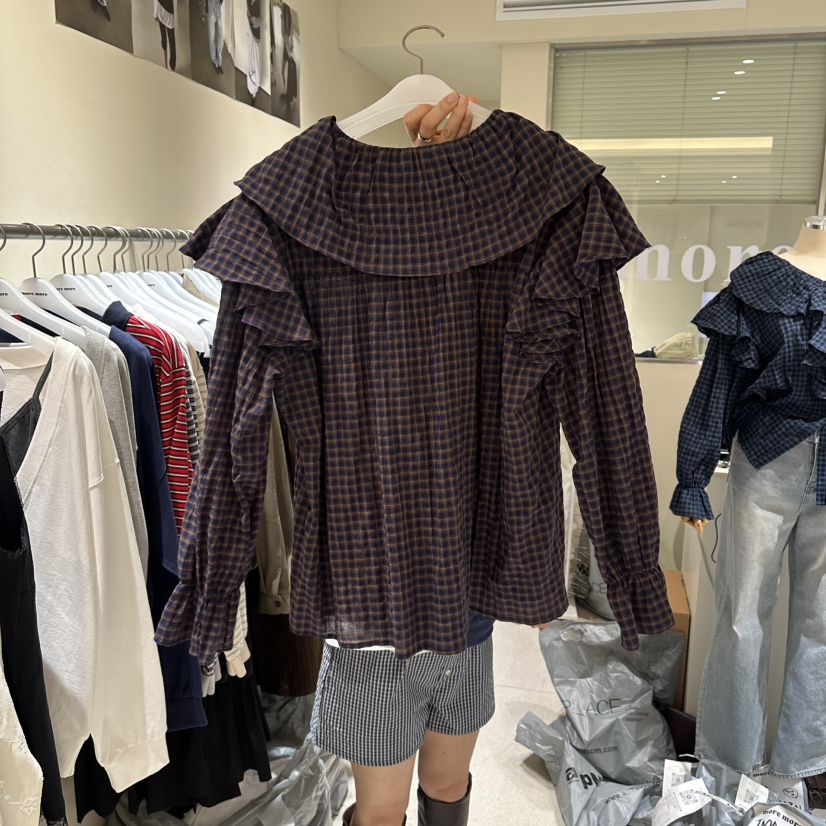 MOREMORE韓國東大門直郵女士新品26春夏休閑襯衫蕾絲衫格子more more襯衫/蕾絲衫