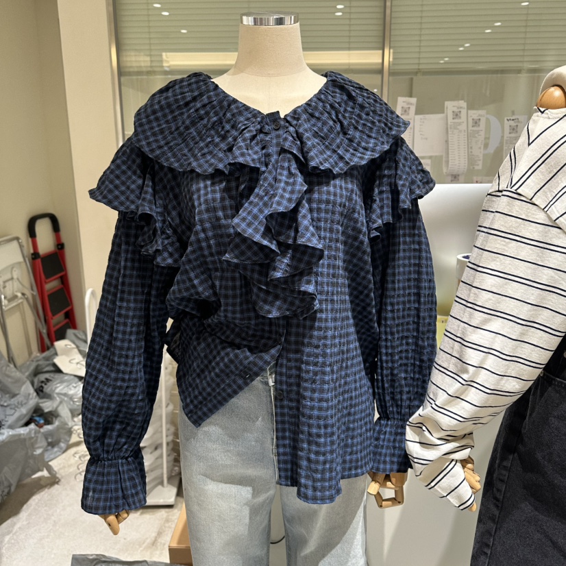 MOREMORE韓國東大門直郵女士新品26春夏休閑襯衫蕾絲衫格子more more襯衫/蕾絲衫圖色1