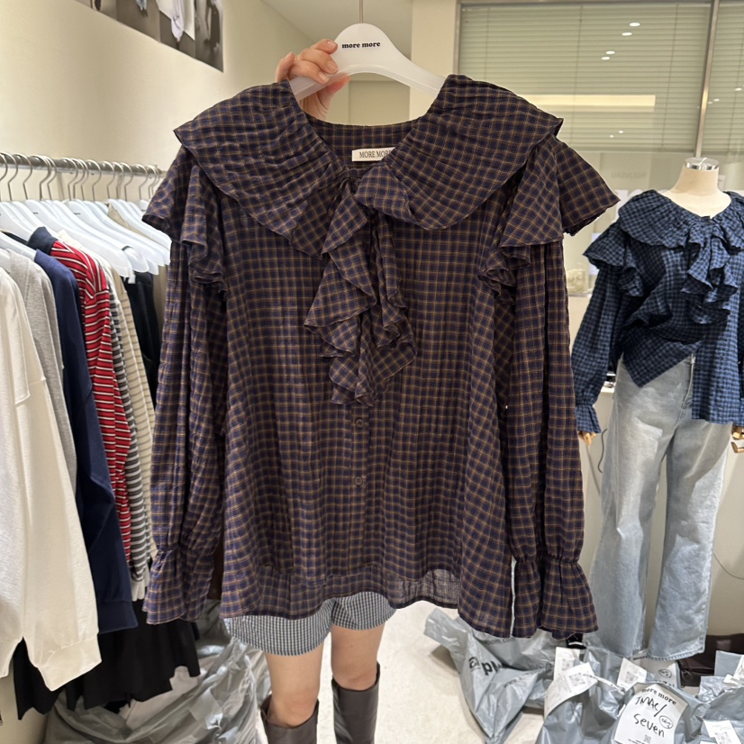 MOREMORE韓國東大門直郵女士新品26春夏休閑襯衫蕾絲衫格子more more襯衫/蕾絲衫圖色2