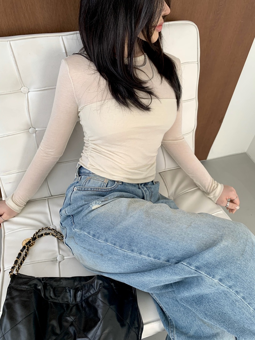 OKIE韓國東大門直郵女裝新品時尚休閑長袖T恤假兩件透明褶皺OKIE長袖T恤