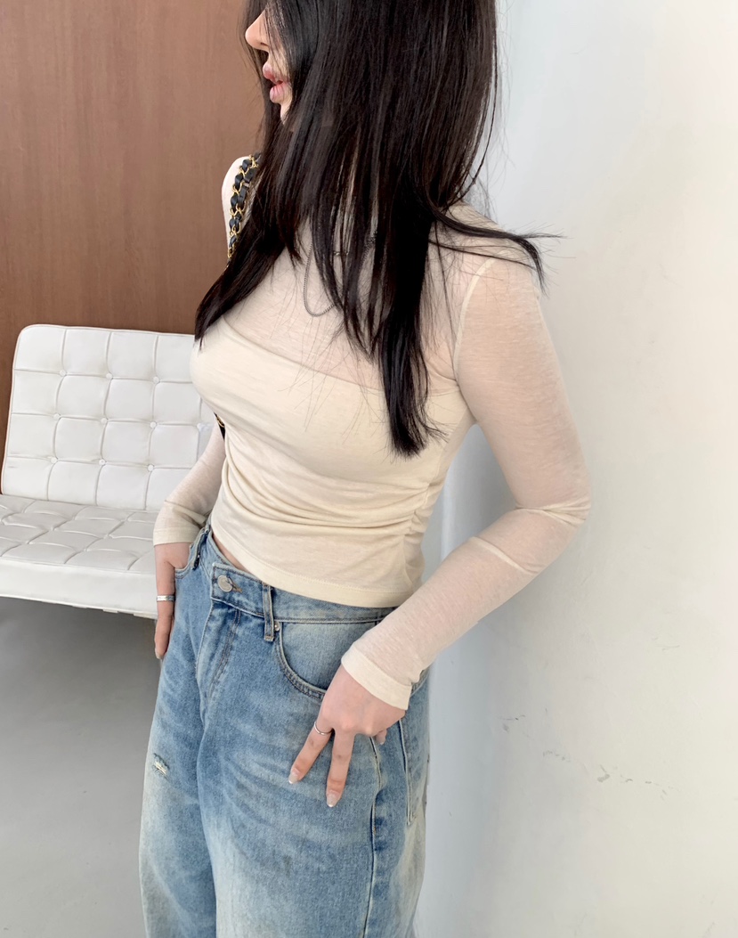 OKIE韓國東大門直郵女裝新品時尚休閑長袖T恤假兩件透明褶皺OKIE長袖T恤