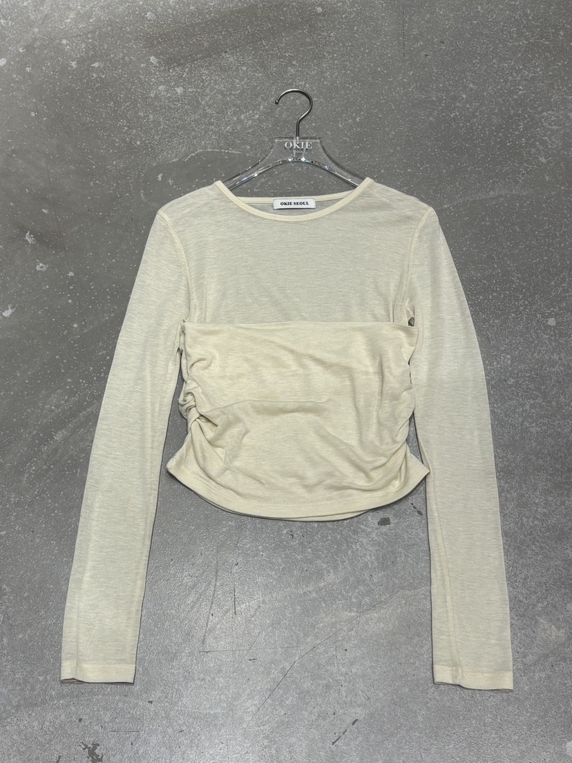 OKIE韓國東大門直郵女裝新品時尚休閑長袖T恤假兩件透明褶皺OKIE長袖T恤圖色1