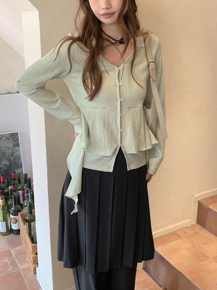 BEFORE SUNRISE韓國東大門代購女裝新款職業襯衫蕾絲衫華夫格褶皺BEFORE SUNRISE襯衫/蕾絲衫