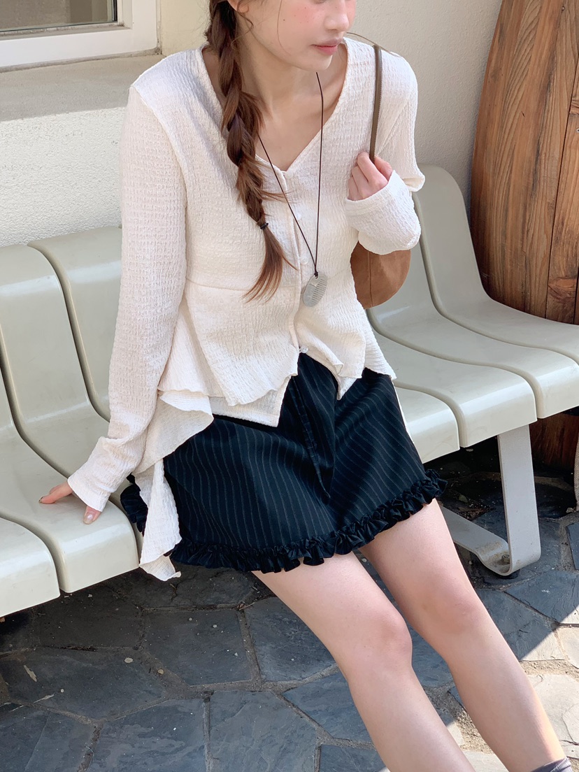 BEFORE SUNRISE韓國東大門代購女裝新款職業襯衫蕾絲衫華夫格褶皺BEFORE SUNRISE襯衫/蕾絲衫