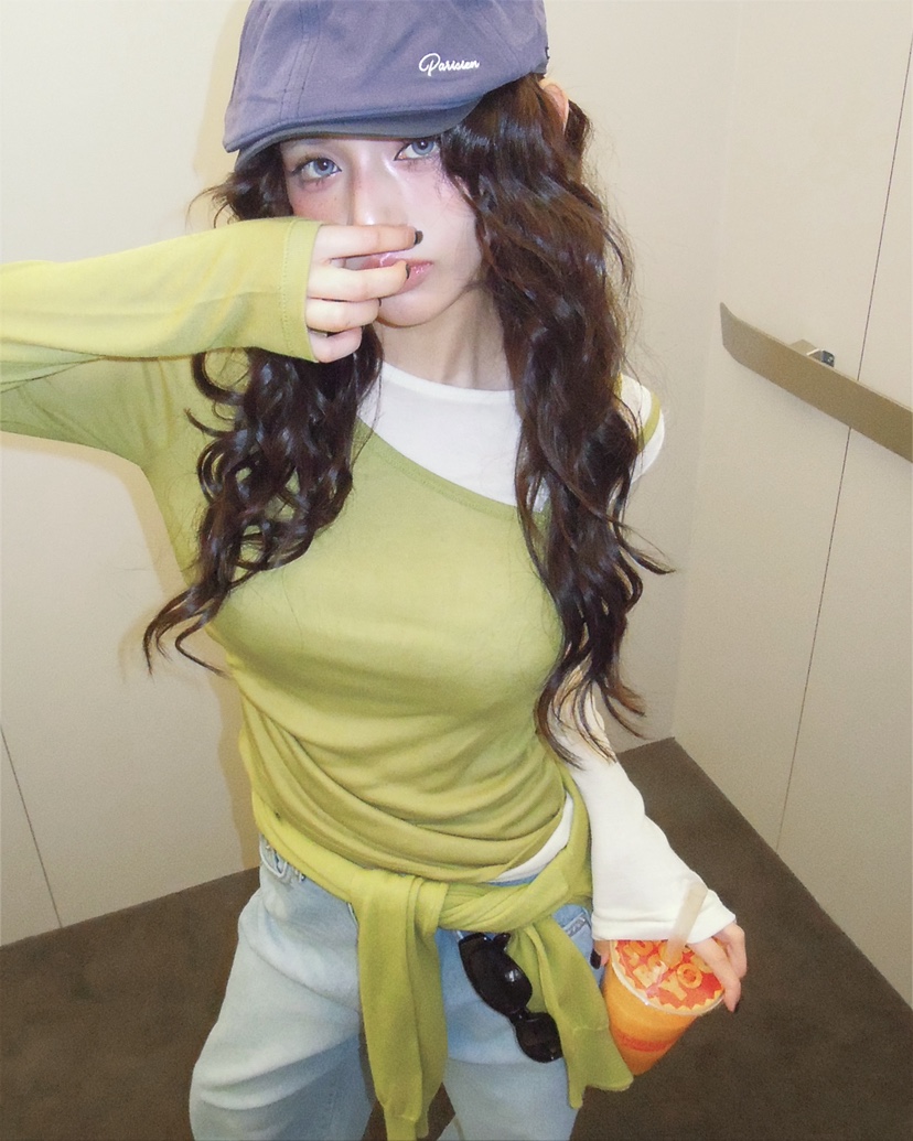 LIVE AID-P韓國直郵女士新品人氣熱賣推薦長袖T恤假兩件LIVE AID-P長袖T恤