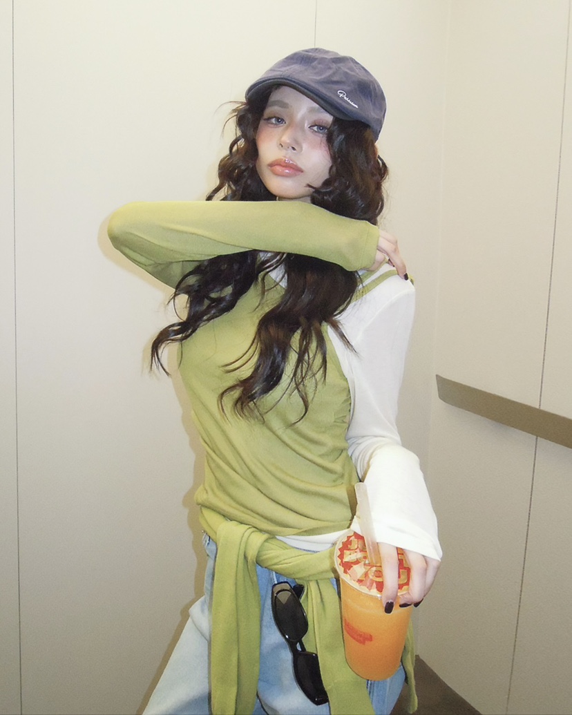 LIVE AID-P韓國直郵女士新品人氣熱賣推薦長袖T恤假兩件LIVE AID-P長袖T恤