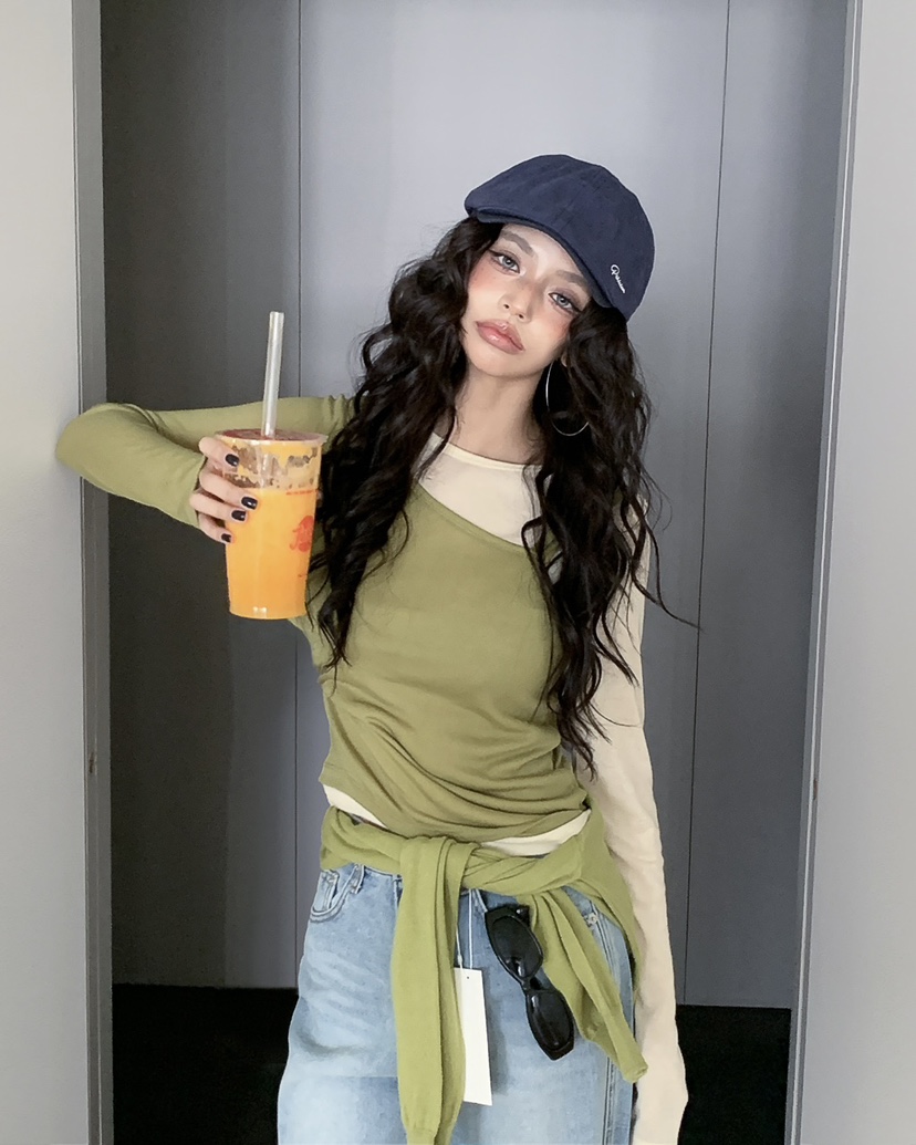 LIVE AID-P韓國直郵女士新品人氣熱賣推薦長袖T恤假兩件LIVE AID-P長袖T恤