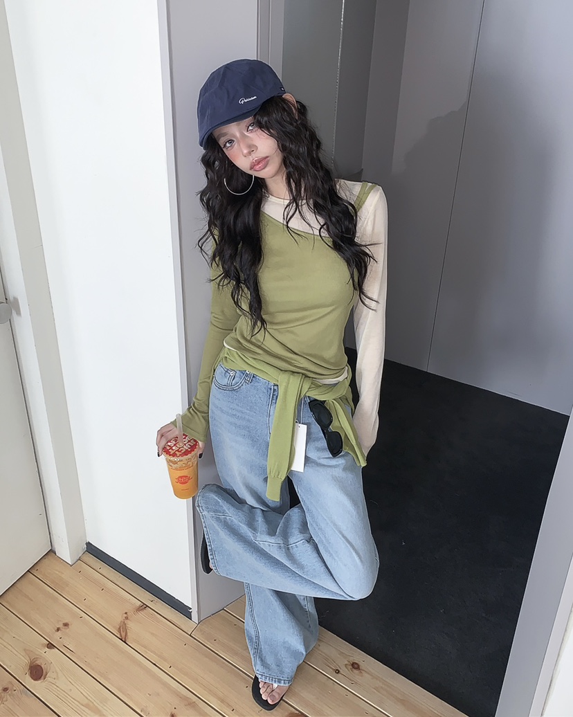 LIVE AID-P韓國直郵女士新品人氣熱賣推薦長袖T恤假兩件LIVE AID-P長袖T恤