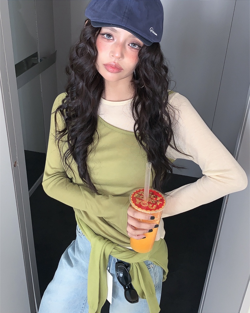 LIVE AID-P韓國直郵女士新品人氣熱賣推薦長袖T恤假兩件LIVE AID-P長袖T恤