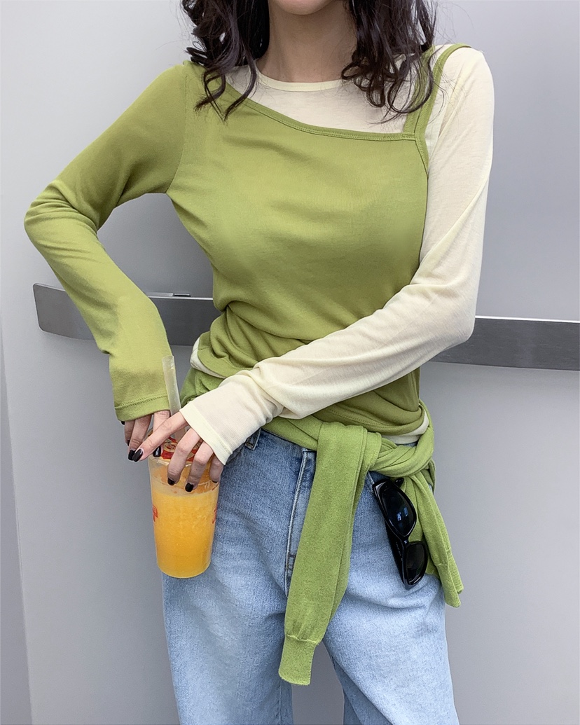 LIVE AID-P韓國直郵女士新品人氣熱賣推薦長袖T恤假兩件LIVE AID-P長袖T恤