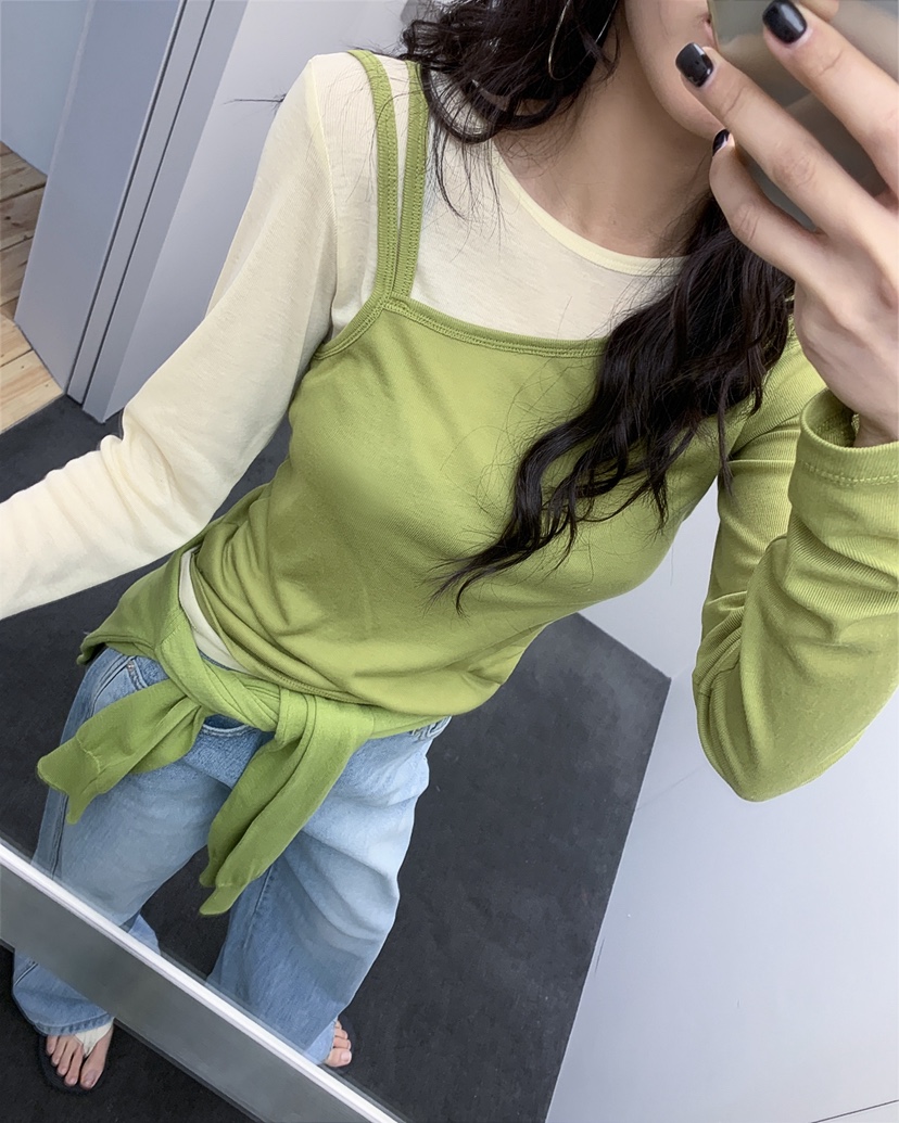 LIVE AID-P韓國直郵女士新品人氣熱賣推薦長袖T恤假兩件LIVE AID-P長袖T恤