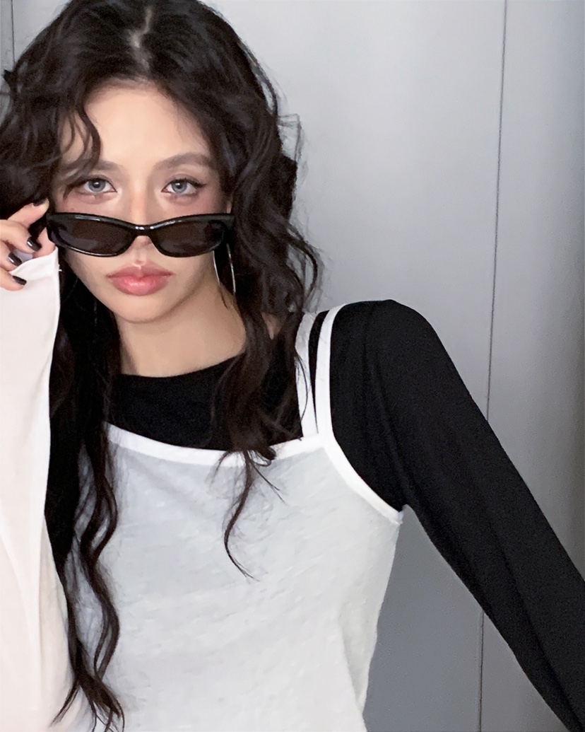 LIVE AID-P韓國直郵女士新品人氣熱賣推薦長袖T恤假兩件LIVE AID-P長袖T恤