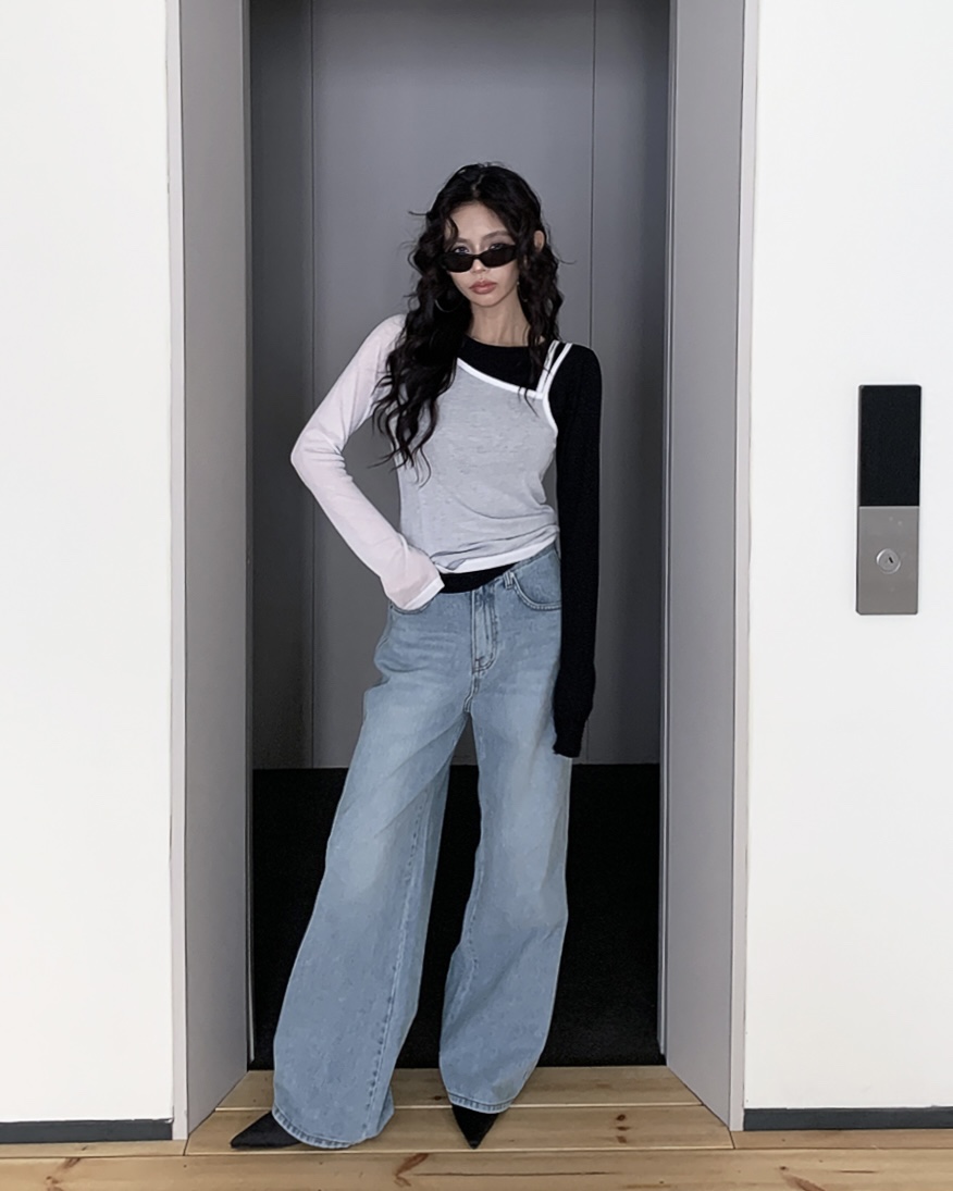 LIVE AID-P韓國直郵女士新品人氣熱賣推薦長袖T恤假兩件LIVE AID-P長袖T恤