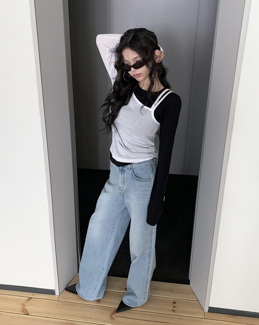 LIVE AID-P韓國直郵女士新品人氣熱賣推薦長袖T恤假兩件LIVE AID-P長袖T恤