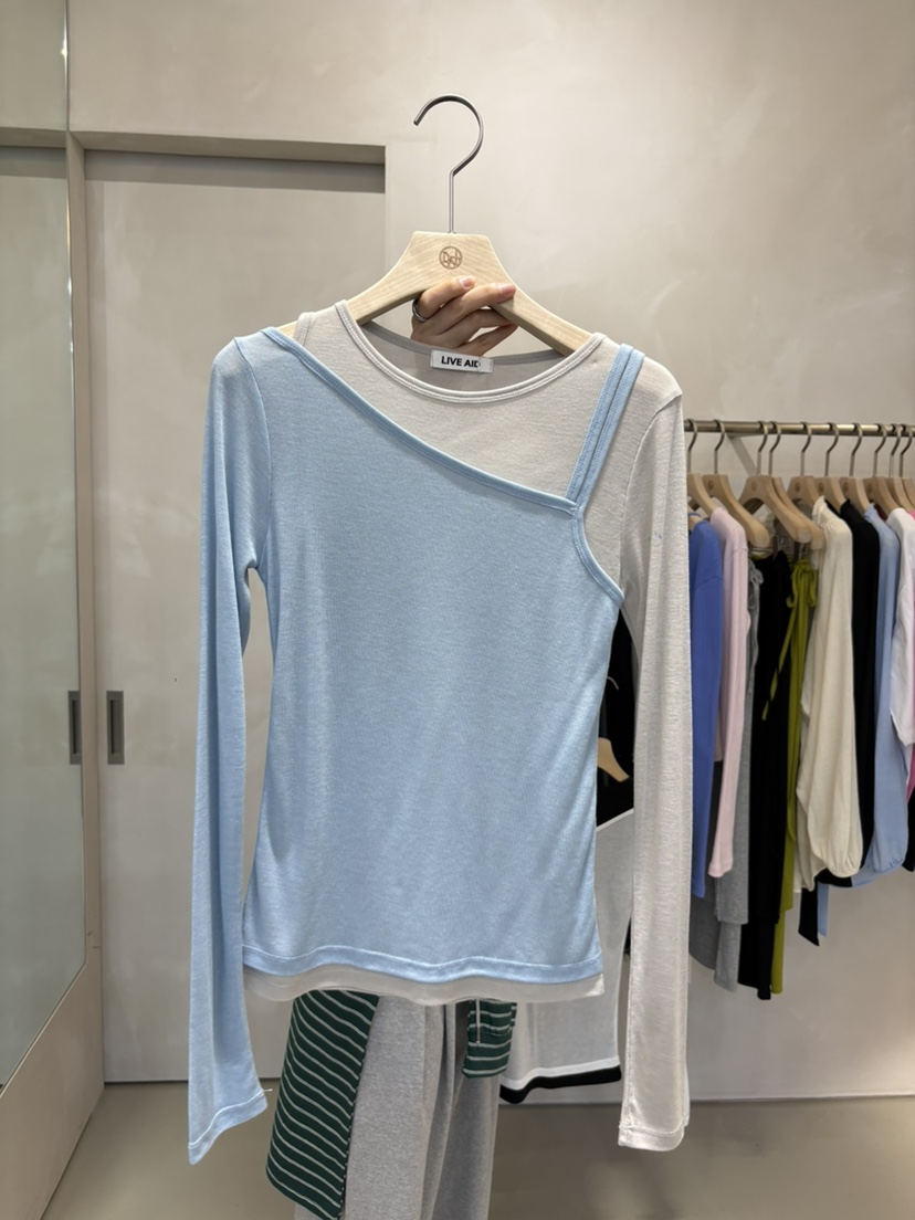 LIVE AID-P韓國直郵女士新品人氣熱賣推薦長袖T恤假兩件LIVE AID-P長袖T恤圖色2