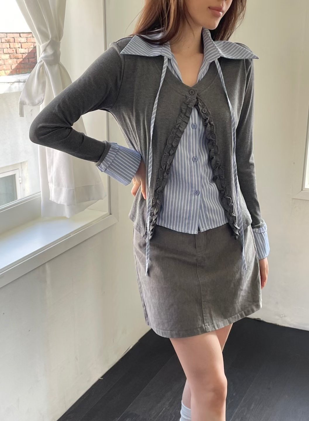 GGAEBI韓國東大門代購女裝新品休閑時尚26春夏針織衫假兩件GGAEBI針織衫