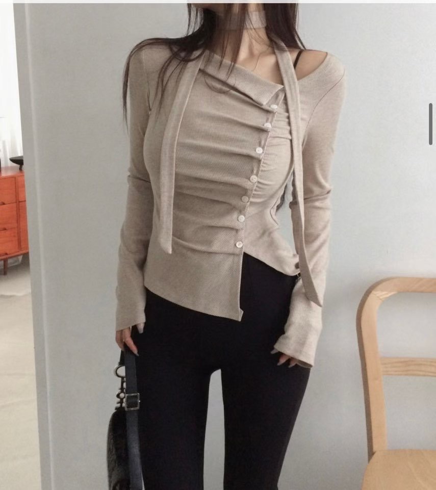 GGAEBI韓國東大門直郵女裝新款推薦職業時尚長袖T恤含脖帶GGAEBI長袖T恤