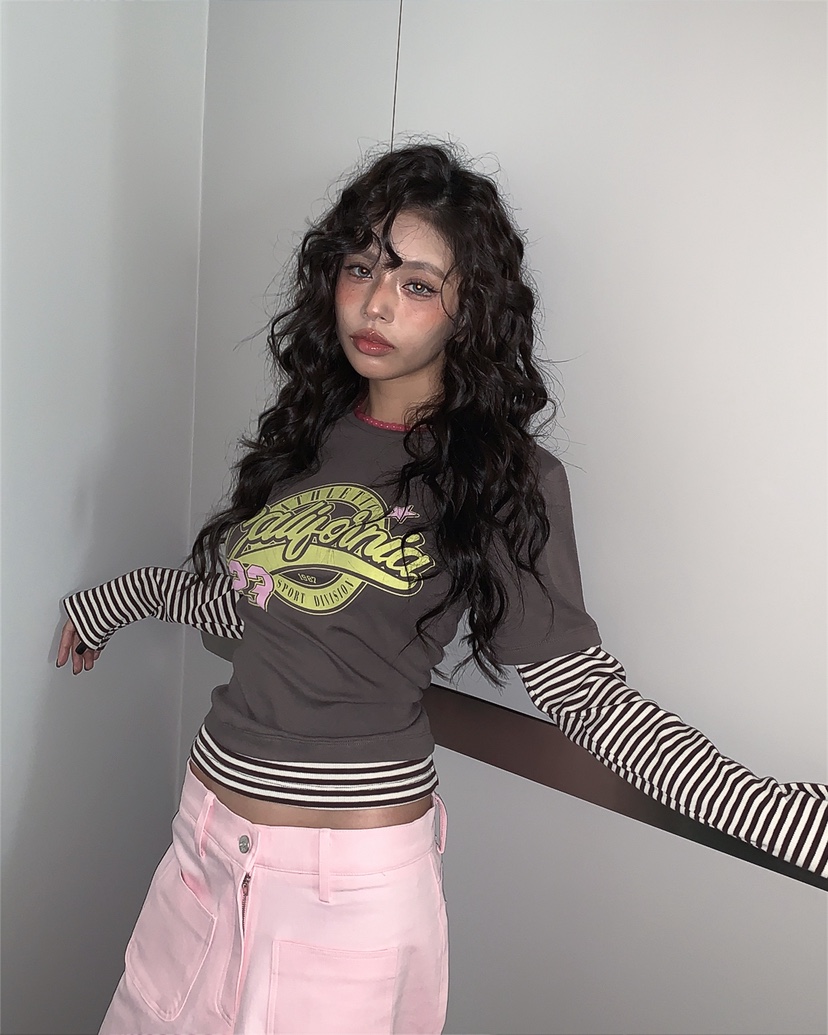 LIVE AID-P韓國東大門代購女士新品熱賣推薦長袖T恤假兩件LIVE AID-P長袖T恤