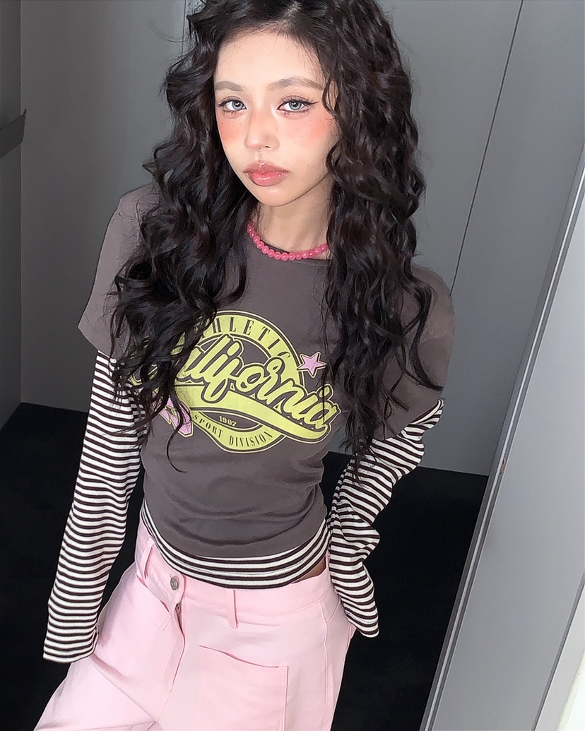 LIVE AID-P韓國東大門代購女士新品熱賣推薦長袖T恤假兩件LIVE AID-P長袖T恤