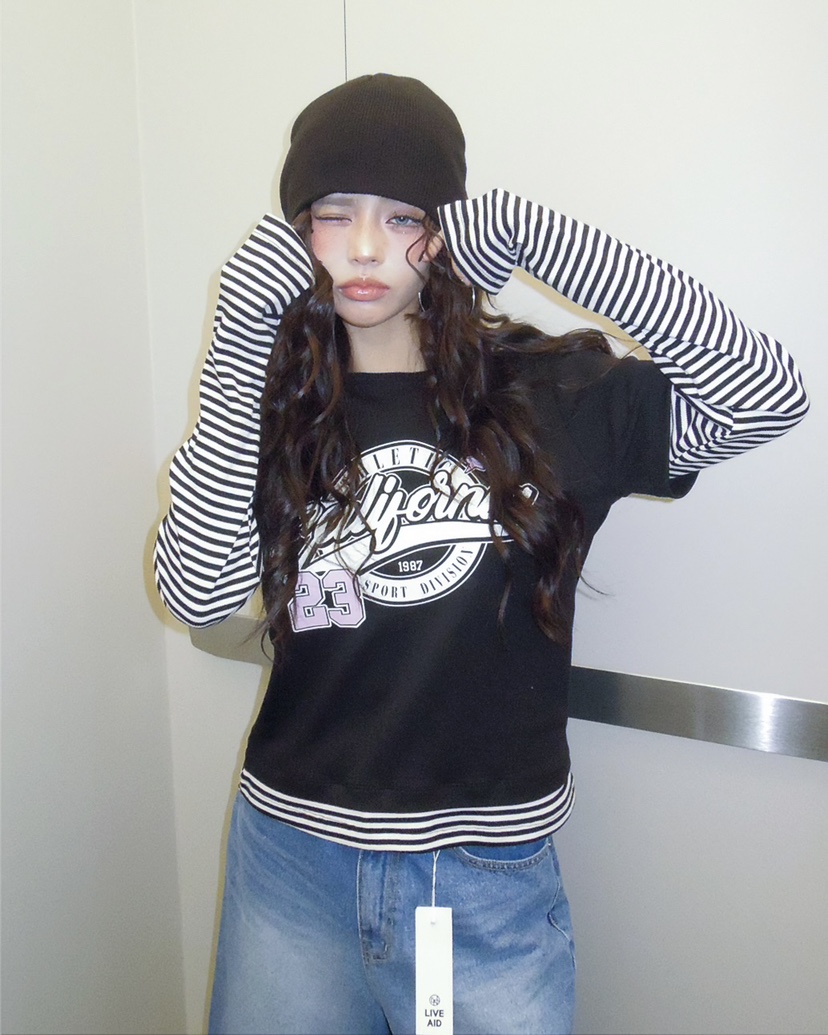 LIVE AID-P韓國東大門代購女士新品熱賣推薦長袖T恤假兩件LIVE AID-P長袖T恤