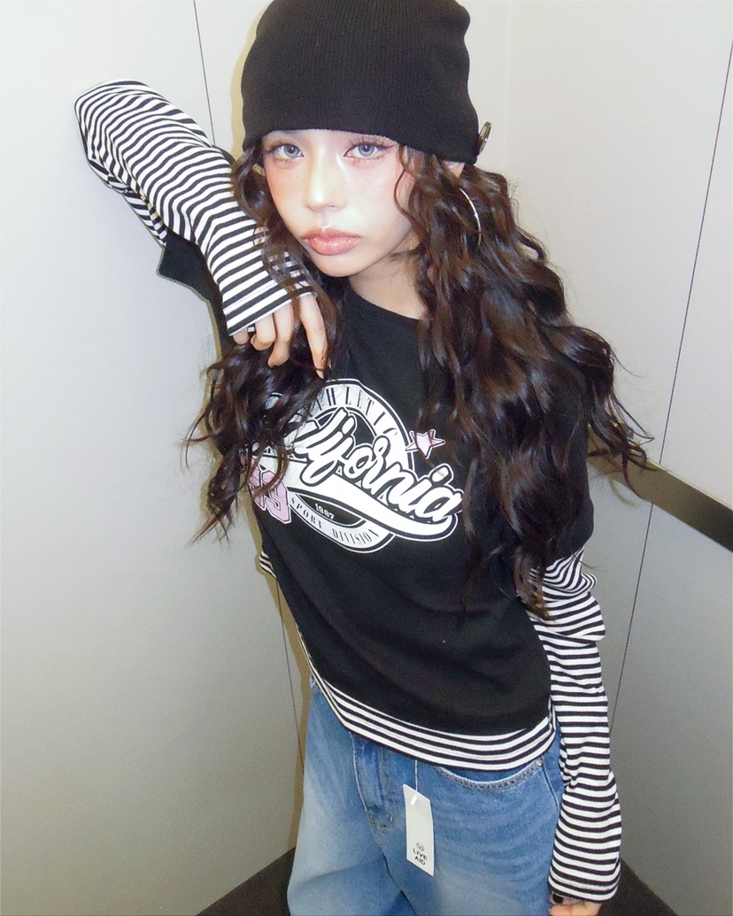 LIVE AID-P韓國東大門代購女士新品熱賣推薦長袖T恤假兩件LIVE AID-P長袖T恤