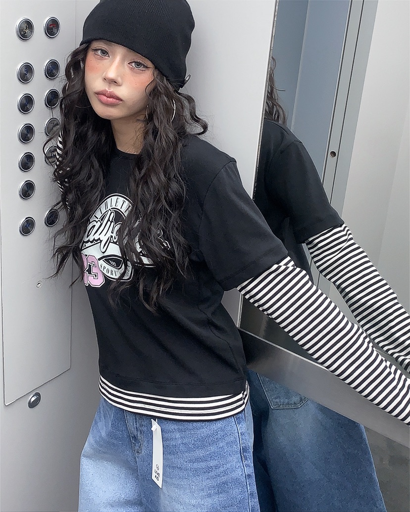 LIVE AID-P韓國東大門代購女士新品熱賣推薦長袖T恤假兩件LIVE AID-P長袖T恤