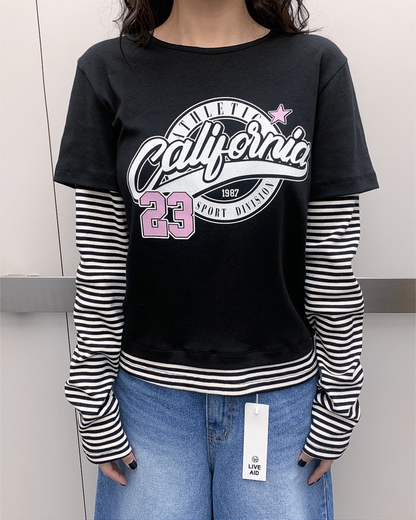 LIVE AID-P韓國東大門代購女士新品熱賣推薦長袖T恤假兩件LIVE AID-P長袖T恤