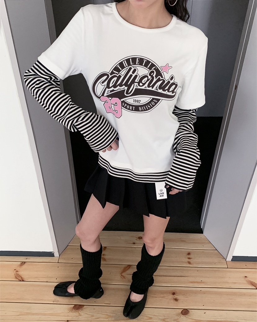 LIVE AID-P韓國東大門代購女士新品熱賣推薦長袖T恤假兩件LIVE AID-P長袖T恤