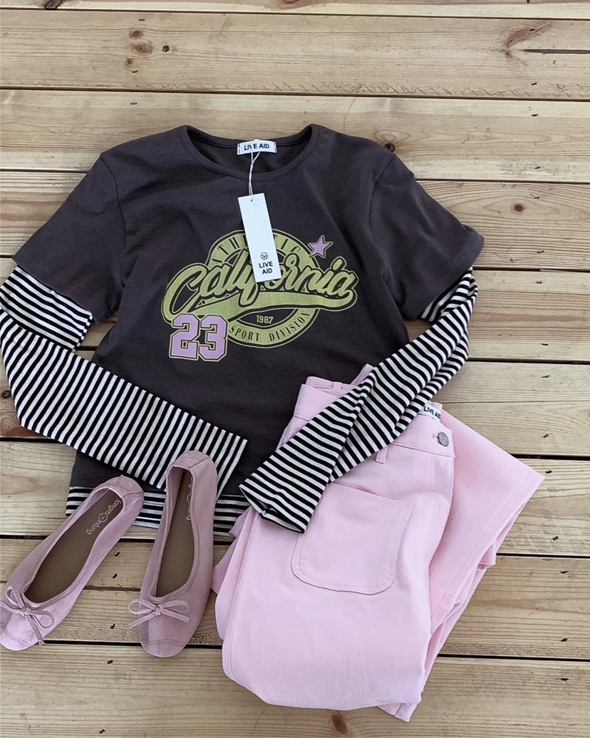 LIVE AID-P韓國東大門代購女士新品熱賣推薦長袖T恤假兩件LIVE AID-P長袖T恤