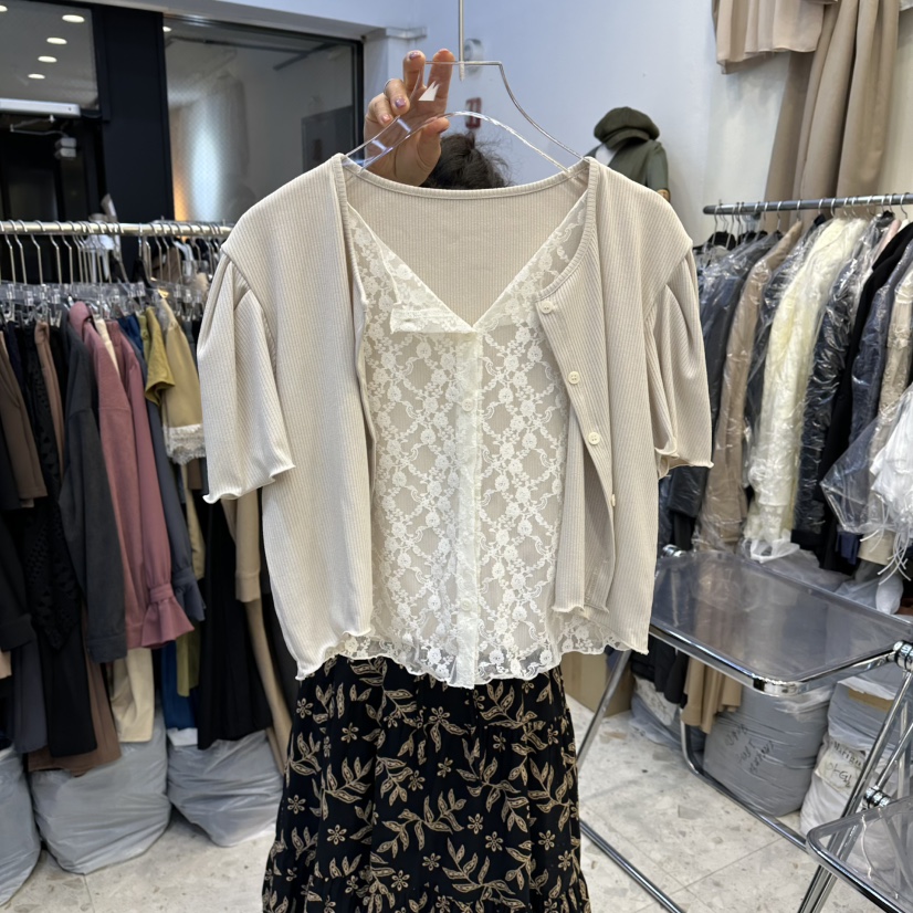 MARIGOLD韓國代購女裝新品真品職業針織衫假兩件蕾絲開衫MARIGOLD針織衫圖色1