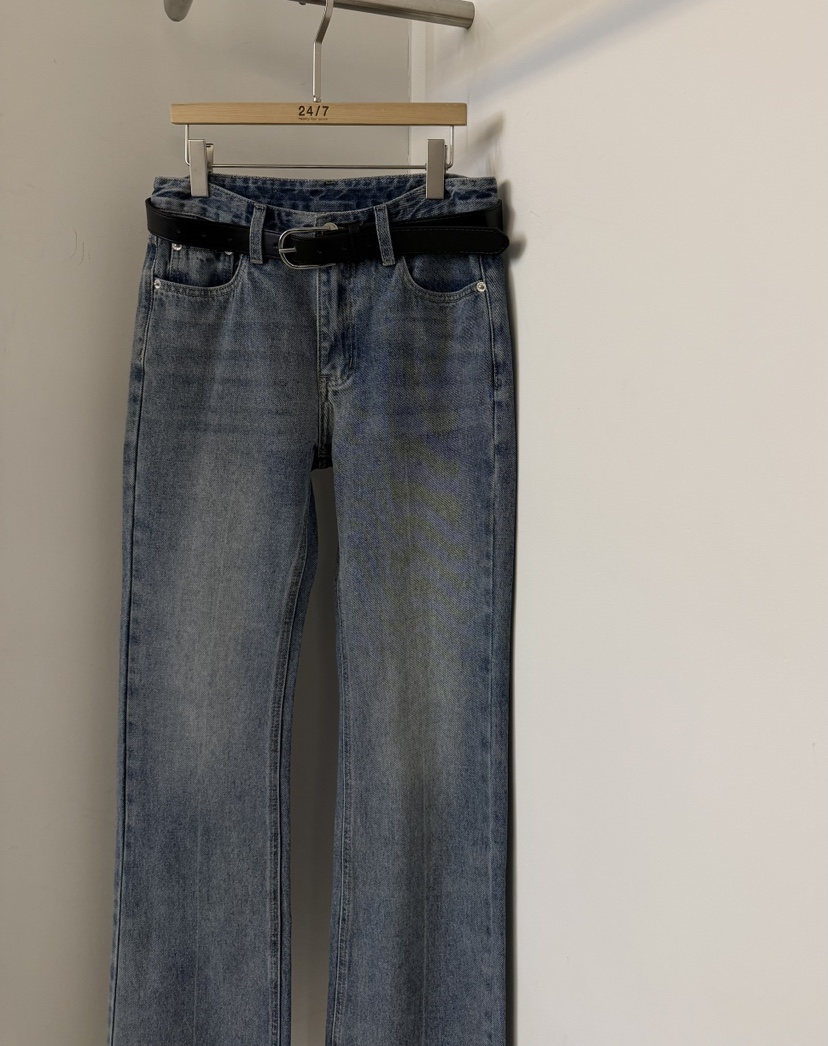 TWENTY FOUR SEVEN24-7韓國東大門代購女裝新品休閑牛仔褲含腰帶喇叭TEWNTY FOUR SEVEN24-7牛仔褲