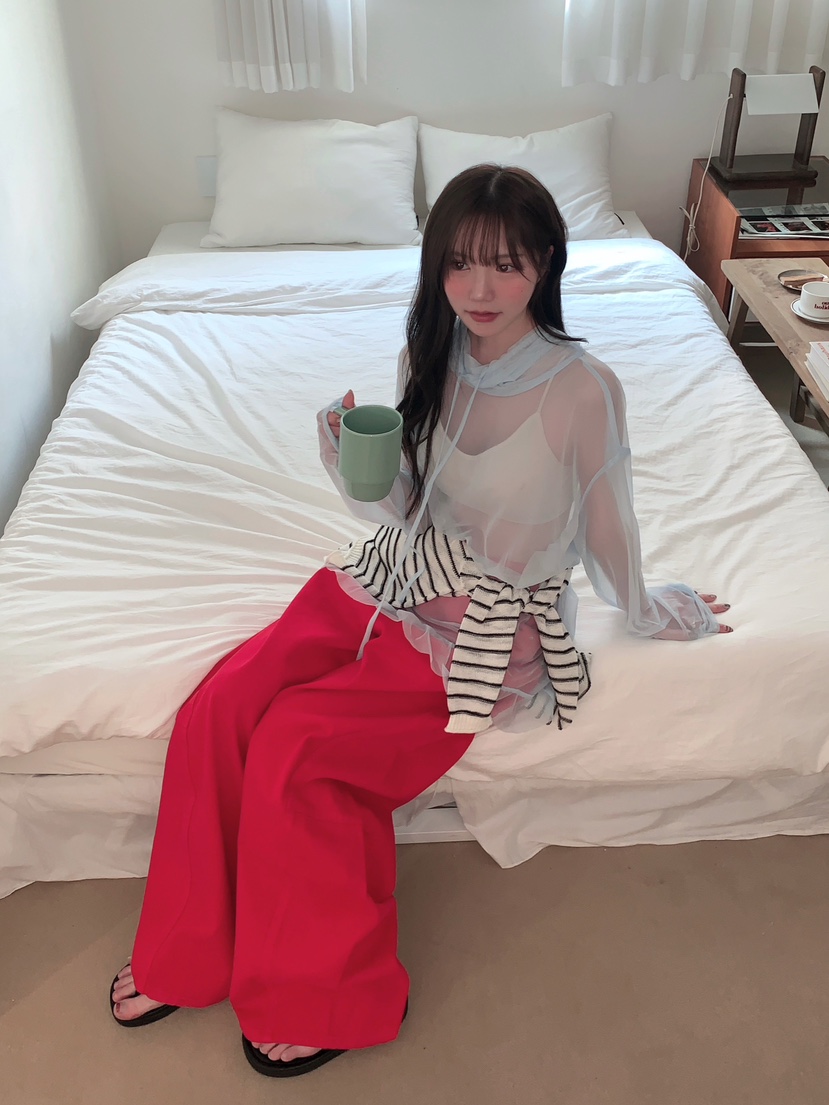 MAISONDEGLORY東大門直郵女士新款26春夏長袖T恤不含腰帶網眼高領MAISON DE GLORY長袖T恤