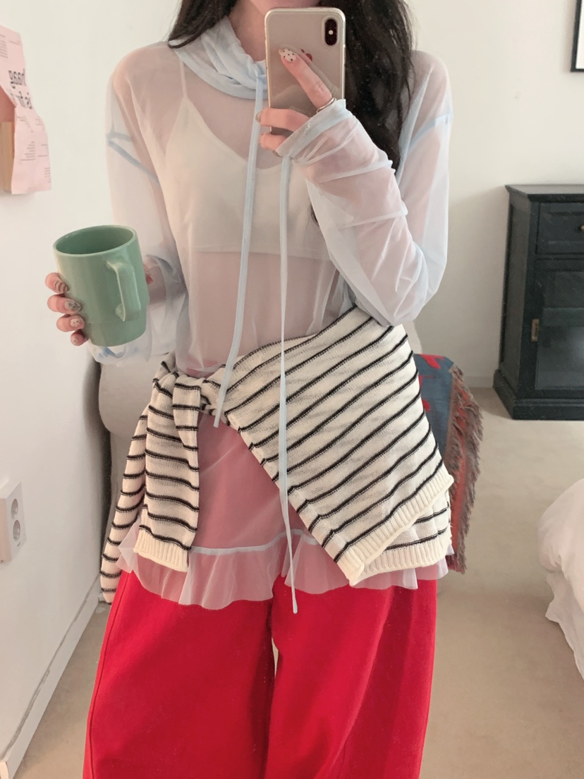 MAISONDEGLORY東大門直郵女士新款26春夏長袖T恤不含腰帶網眼高領MAISON DE GLORY長袖T恤