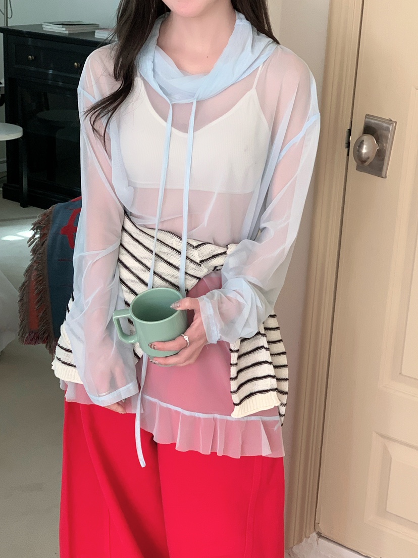 MAISONDEGLORY東大門直郵女士新款26春夏長袖T恤不含腰帶網眼高領MAISON DE GLORY長袖T恤圖色3