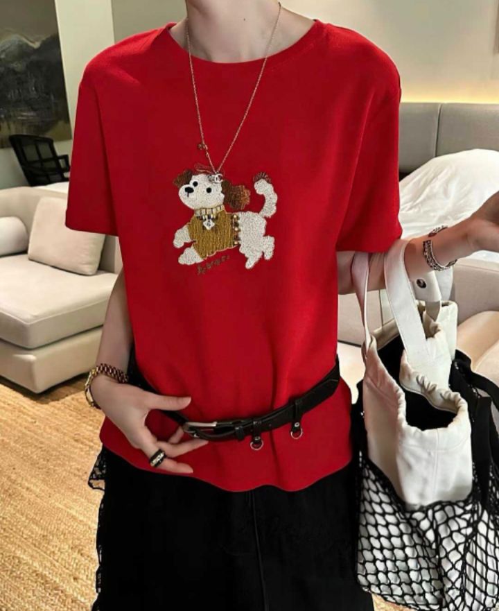 BLING BLING-S/RICO韓國直郵女士新品職業T恤刺繡狗狗BLING BLING-S/RICOT恤