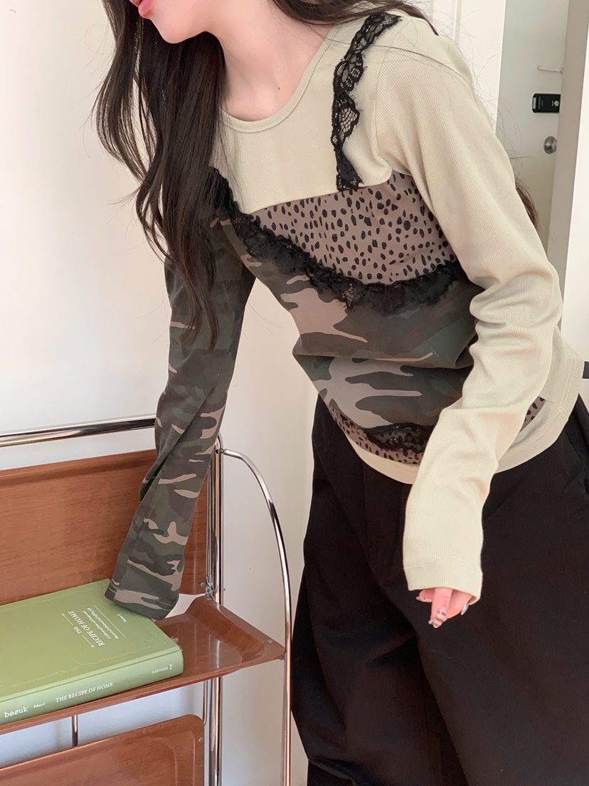 MAISONDEGLORY東大門實拍女裝新品職業長袖T恤不含腰帶迷彩MAISON DE GLORY長袖T恤