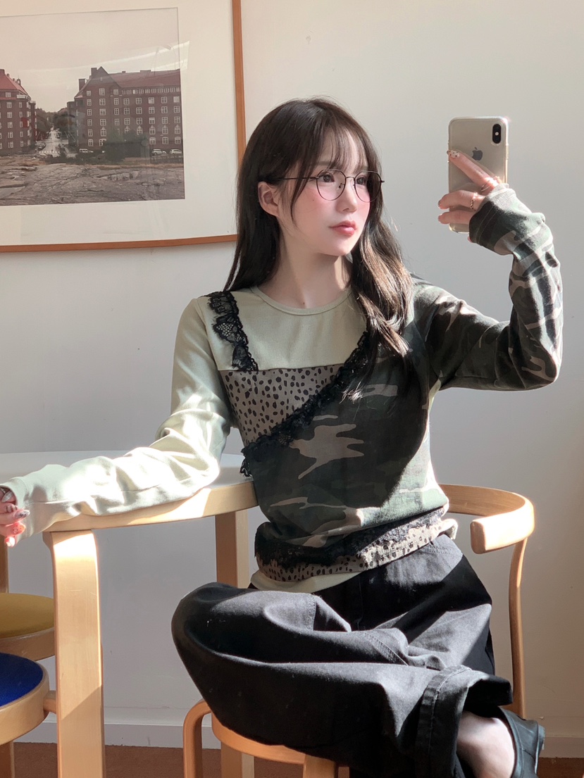 MAISONDEGLORY東大門實拍女裝新品職業長袖T恤不含腰帶迷彩MAISON DE GLORY長袖T恤