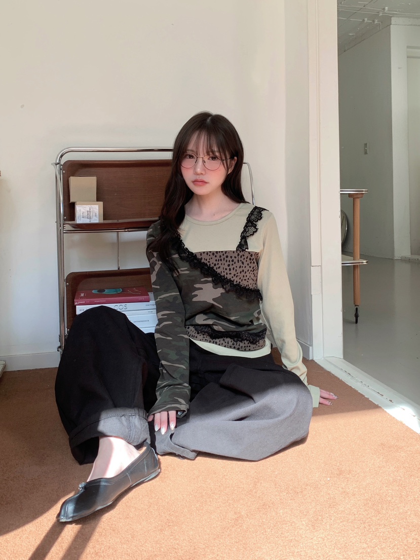 MAISONDEGLORY東大門實拍女裝新品職業長袖T恤不含腰帶迷彩MAISON DE GLORY長袖T恤