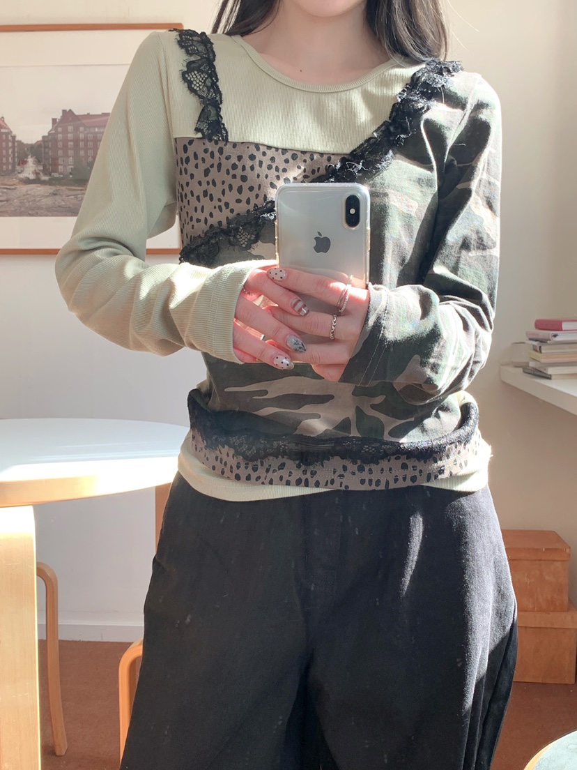 MAISONDEGLORY東大門實拍女裝新品職業長袖T恤不含腰帶迷彩MAISON DE GLORY長袖T恤