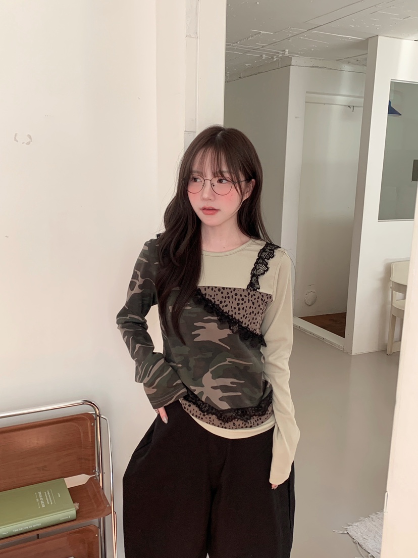 MAISONDEGLORY東大門實拍女裝新品職業長袖T恤不含腰帶迷彩MAISON DE GLORY長袖T恤