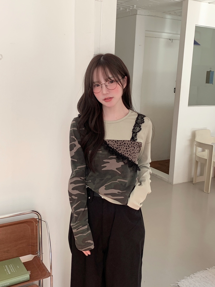 MAISONDEGLORY東大門實拍女裝新品職業長袖T恤不含腰帶迷彩MAISON DE GLORY長袖T恤