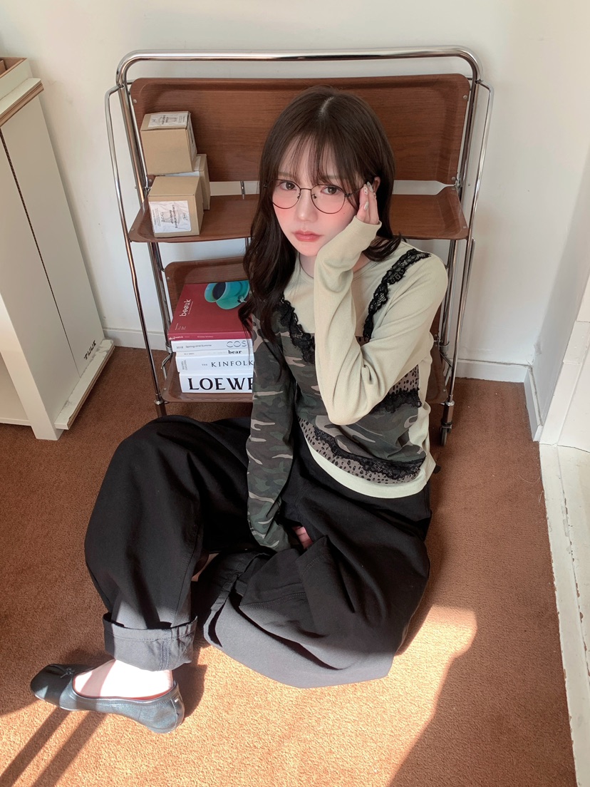 MAISONDEGLORY東大門實拍女裝新品職業長袖T恤不含腰帶迷彩MAISON DE GLORY長袖T恤