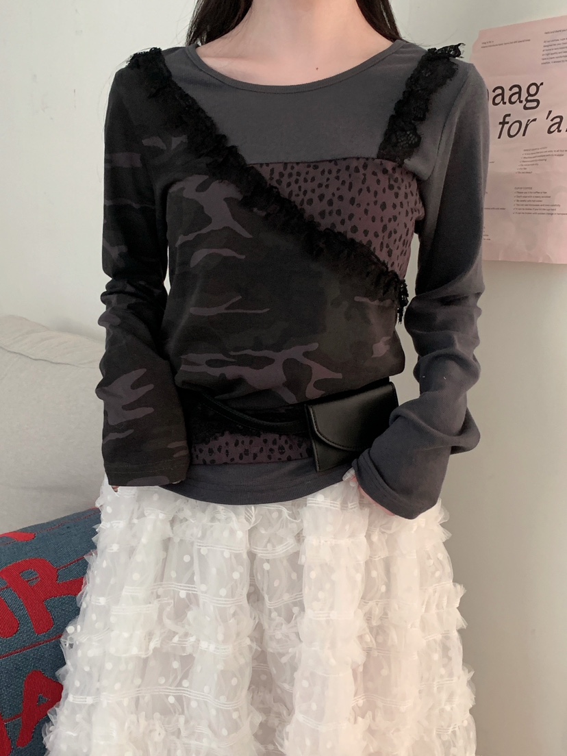 MAISONDEGLORY東大門實拍女裝新品職業長袖T恤不含腰帶迷彩MAISON DE GLORY長袖T恤圖色1