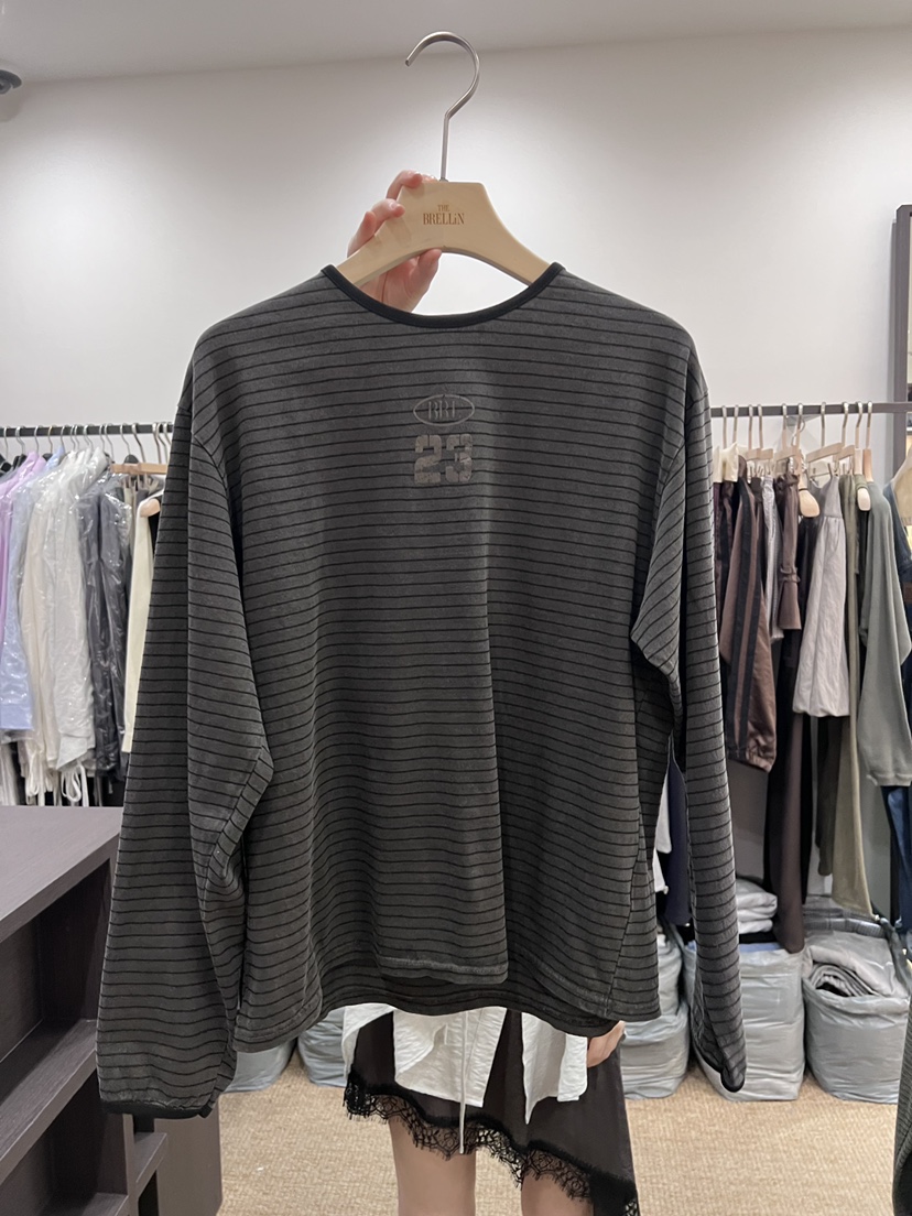 BRELLIN韓國代購女士新品推薦時尚26春夏長袖T恤水洗條紋BRELLIN長袖T恤圖色2墨色