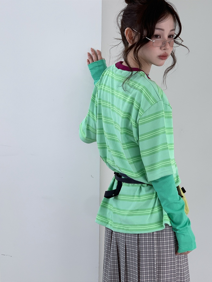 JKICHI韓國直郵實拍女裝新款時尚人氣26春夏T恤不含內搭條紋JKICHIT恤