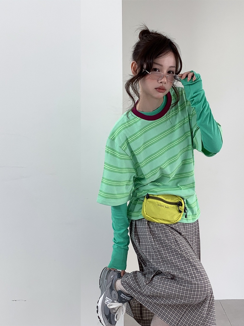 JKICHI韓國直郵實拍女裝新款時尚人氣26春夏T恤不含內搭條紋JKICHIT恤