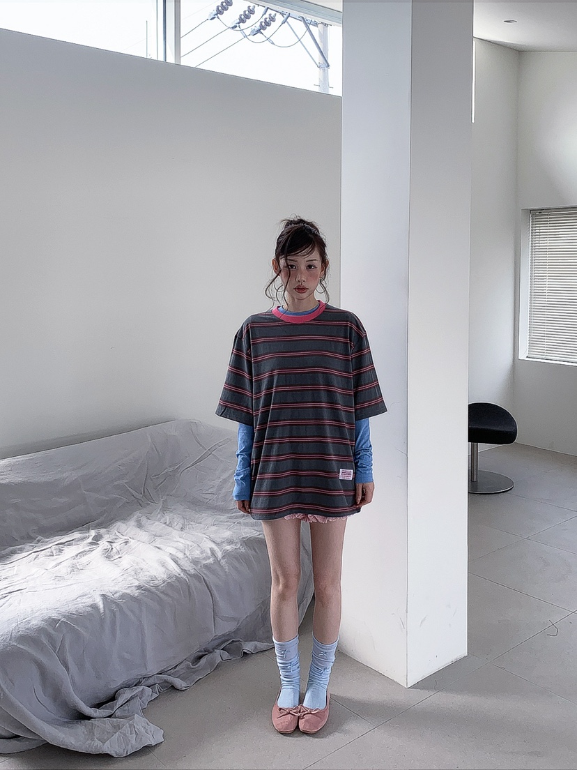 JKICHI韓國直郵實拍女裝新款時尚人氣26春夏T恤不含內搭條紋JKICHIT恤