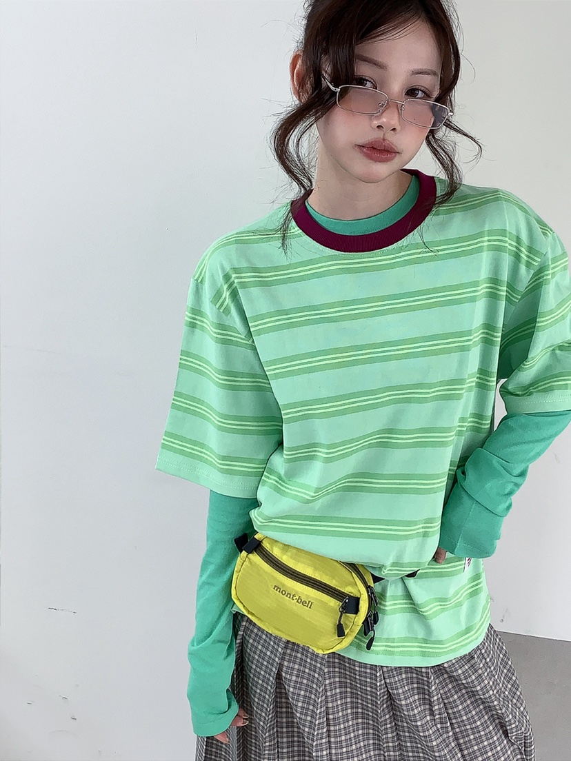 JKICHI韓國直郵實拍女裝新款時尚人氣26春夏T恤不含內搭條紋JKICHIT恤圖色1